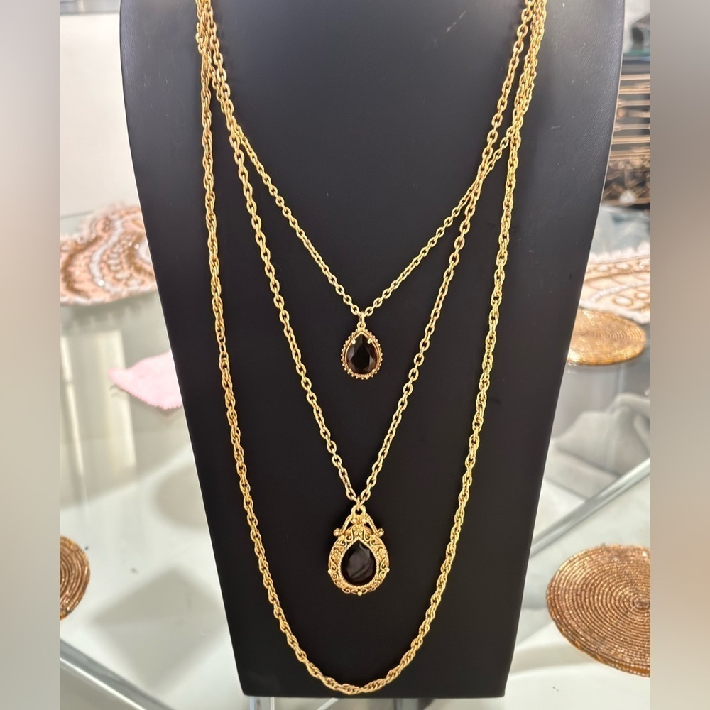Florenza vintage gold tone amber 3 layer necklace